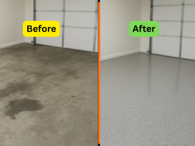 Decorative flake epoxy flooring in a residential garage in Muscat