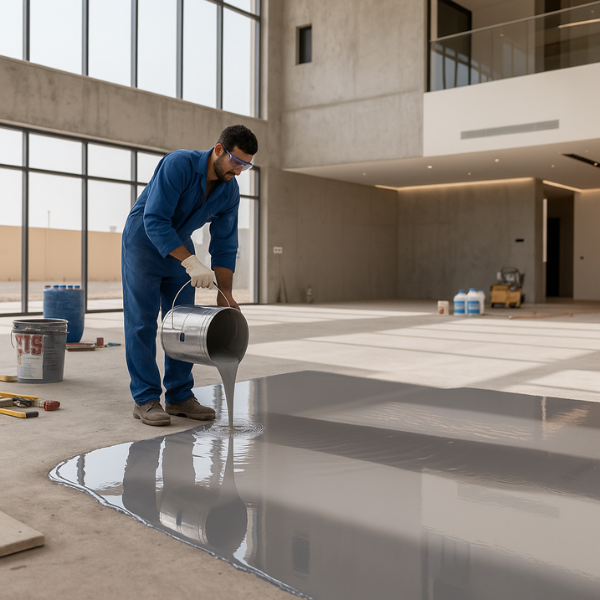 man pouring epoxy on the floor of a residential house in oman