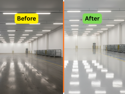 Warehouse epoxy flooring before and after in Muscat