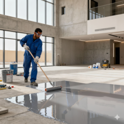 Epoxy floor contractor applying industrial coating in Muscat Oman