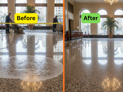 Marble polishing before and after pic in a Hotel in Salalah, Oman