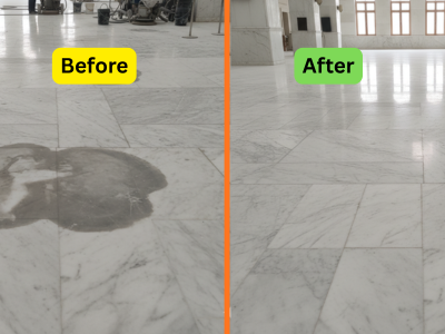 Marble polishing before and after pic in a mosque in Alkhoud, Oman