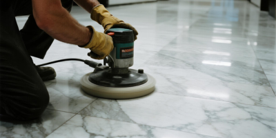 Technician polishing a marble floor in a corporate office in Oman with a polishing machine